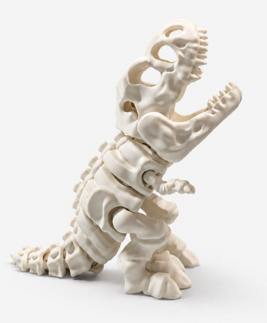 White 3D-printed articulated T-Rex skeleton posed upright with its jaw open on a white background.