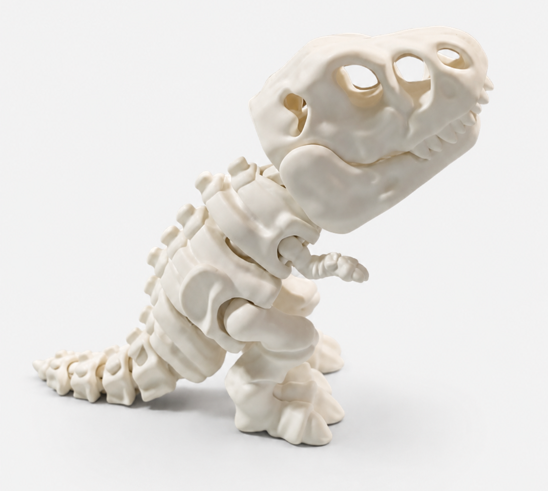 Side view of a white articulated T-Rex skeleton collectible standing with its jaw closed and tail extended.