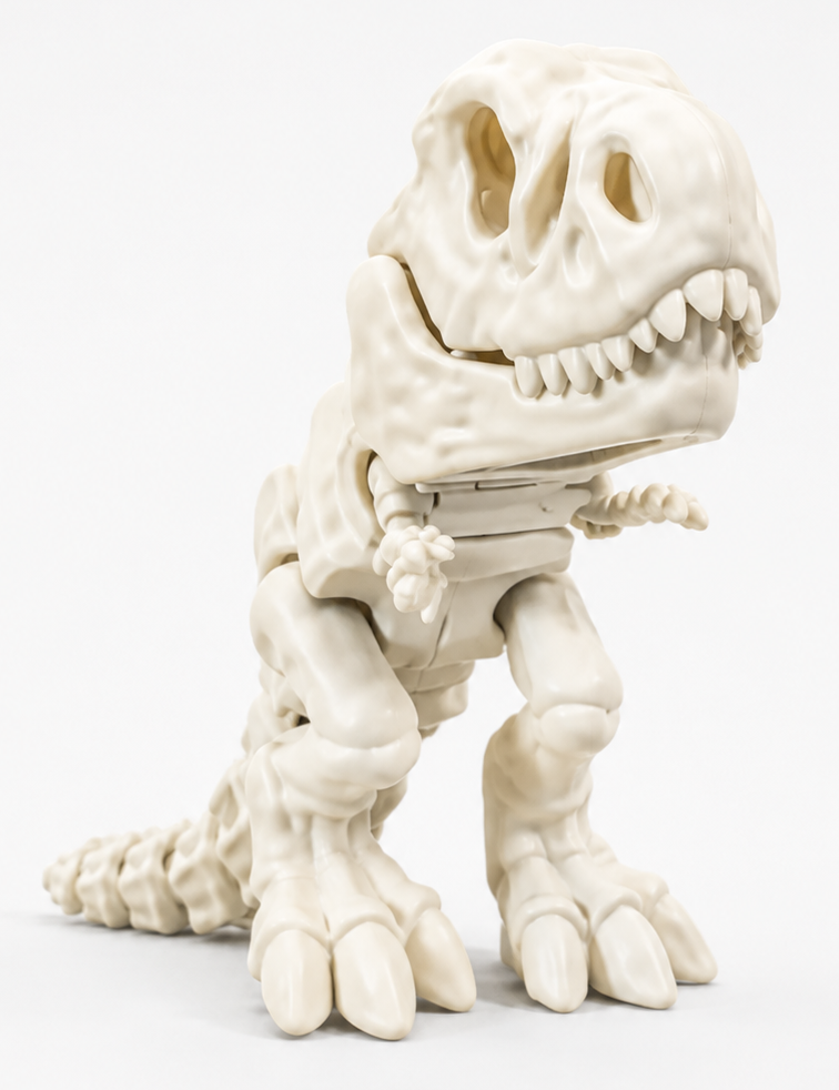 Front three-quarter view of a white articulated T-Rex skeleton collectible standing with its jaw closed.