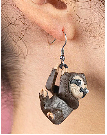 Sloth Dangle Earrings - Lightweight 3D - Printed - Pair